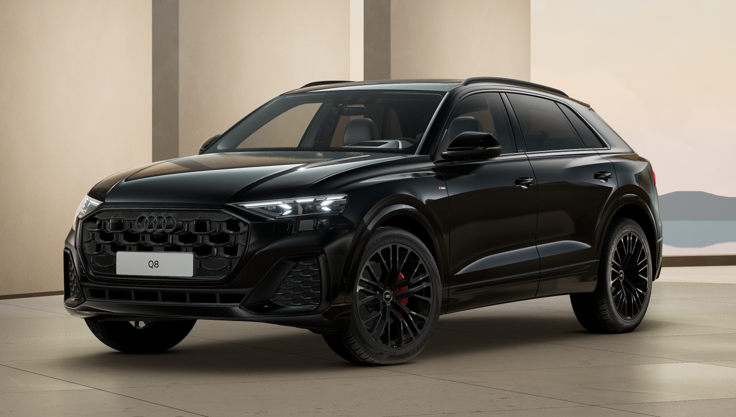 Audi Q8 50 TDI quattro S-line. Nový facelift naftového SUV coupé. Nové auto skladem ihned k předání. Černá metalíza s černou alcantarou v plné výbavě. VIP super cena. Nákup online. AUTOiBUY.com